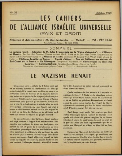 Les Cahiers de l'Alliance Israélite Universelle (Paix et Droit).  N°36 (01 oct. 1949)